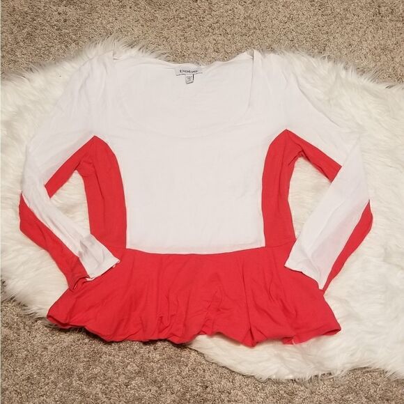 BEBE white/red longsleeve peplum style blouse - Picture 1 of 6